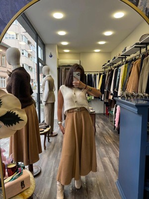 Süet Kumaş Kendinden Kemerli Kadın Uzun Etek - Taba