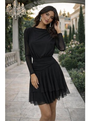 Neşeli Butik Kadın Siyah Şifon Kumaş Korsajlı Mini Boy Uzun Kol Omuz Vatkalı Elbise NBK073