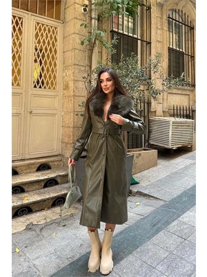 Neşeli Butik Kadın Yaka Çıkarılabilir Kürk Detaylı Düğmeli Deri Trençkot NBSTR1001
