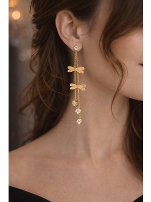 Mihres Libellula Işıltı Küpe Şık Kelebek Yusufçuk Desenli Gold Desenli Şık Küpe Düğün Abiye Günlük Küpe