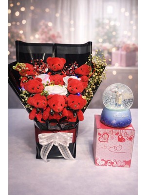 PremiumPort Işıklı Ayıcıklı Hediye Buketi ve Orta Boy Kar Küresi Seti
