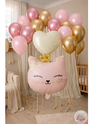 Joyane Kedi Kafa Pembe Folyo Balon Seti – Bej Kalp & Gold Makaron Pembe Balonlar