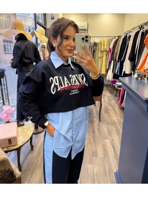 Çizgili Gömlek Garnili Yazı Baskılı Oversize Sweatshirt Mavi