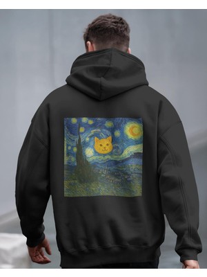 Muhtar Store Yıldızlı Gece Kedi Tasarımlı Siyah Unisex Kapüşonlu Sweatshirt – Sanatsal & Retro Hoodie