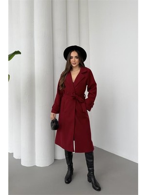 Neşeli Butik Kadın Bordo Kuşaklı Reglan Kol Düğmeli Premium Kaşe Kaban NBKBN01