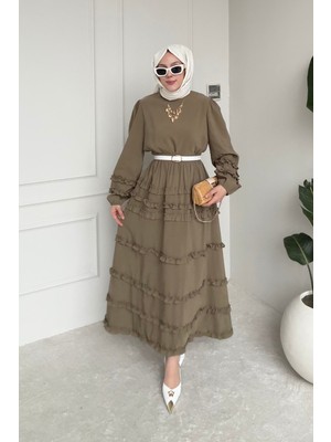 Tesettür Diyarı Rufel Tansel Kumaş Fırfırlı Tesettür Takım- Haki