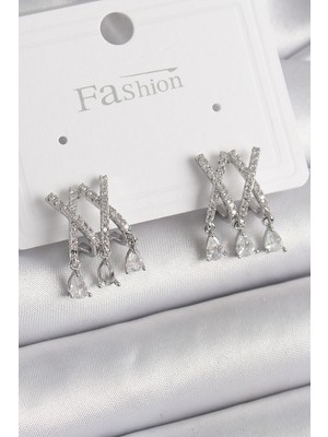 DS LLC Pirinç Gümüş Renk Zirkon Taşlı x Model Sallantı Detay Kadın Küpe - TJ-BKP9873 Iegtgrs-34