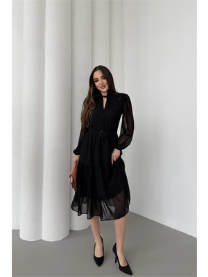 Neşeli Butik Kadın Siyah Beli Kemerli Midi Boy Şifon Elbise NBELB02