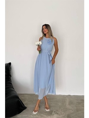 Neşeli Butik Kadın Gül Broş Detaylı Uzun Şifon Elbise NBK2144