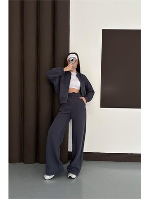 Neşeli Butik Kadın Antrasit Cepli Içi Polarlı 3 Iplik Eşofman Takımı RYHS001