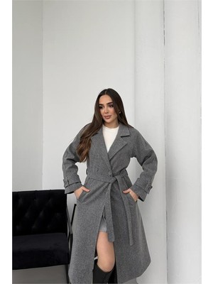 Neşeli Butik Kadın Antrasit Kuşaklı Premium Kaşe Kaban Uzun Kol Düğmeli Özellikli