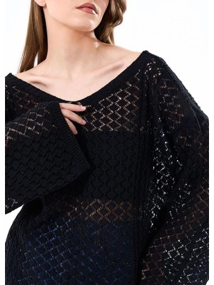 Yuga Knitting Kadın Triko Ajurlu Delikli Basic Uzun Kazak Bluz
