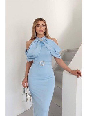 Neşeli Butik Kadın Omuz Detaylı Toka Kemerli Midi Boy Elbise NBNC110095