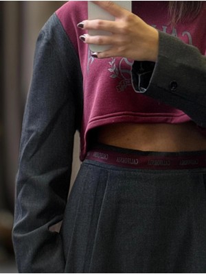 Iki Iplik Şardonsuz Baskılı Vatkalı Ceket Kol Sweatshirt - Bordo / Gri