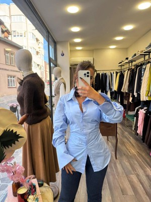 Bel Bağlama Detaylı Viskon Pamuk Kadın Gömlek - Açık Mavi