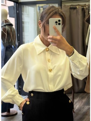 Gold Düğme Detay Viskon Kumaş Gömlek