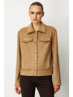 Ekol Örgü Detaylı Suni Süet Vizon Kadın Ceket 08015