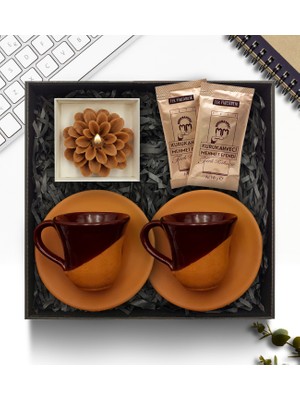 As Gift Çömlek Fincan Takımı & Çiçek Mum & Türk Kahvesi Hediye Seti