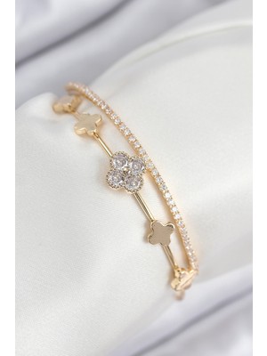 DS LLC Pirinç Zirkon Taşlı Yonca Model Gold Renk Kadın Bileklik - TJ-BB7885 Iegtgrs-34