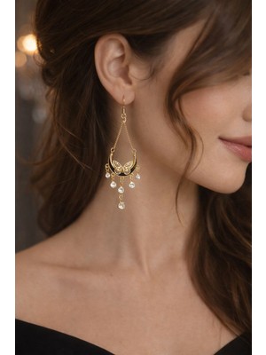 Mihres Luna Kelebek Taşlı Sallantılı Küpe Özel Gün Şık Küpe Kristal Taşlı Siyah Taş Detaylı