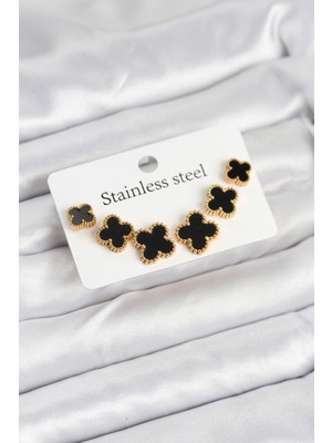 DS LLC 316L Çelik Gold Siyah Renk 3 Boy Yonca Küpe Seti - TJ-BKP11235 Iegtgrs-34