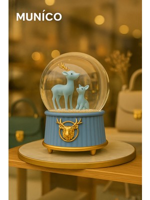 PremiumPort Mavi Tabanlı Küçük Geyik Figürlü Kar Küresi, Kış ve Yılbaşı Dekoru