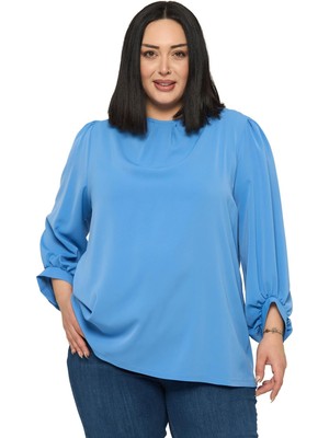 Disentis Modest Büyük Beden Yuvarlak Yaka Truvakar Büzgülü Kollu Rahat Kesim Indigo Bluz