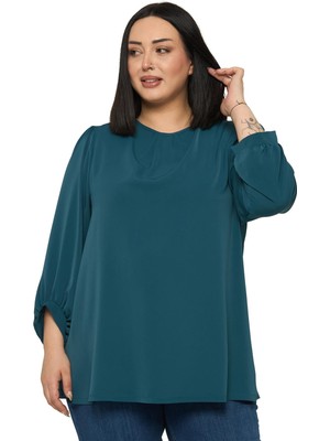 Disentis Modest Büyük Beden Yuvarlak Yaka Truvakar Büzgülü Kollu Rahat Kesim Petrol Yeşili Bluz