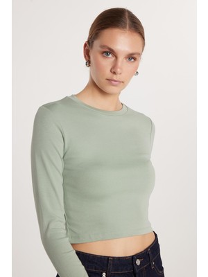 Tudors Kadın Slim Fit Pamuklu Uzun Kol Düz Yeşil Bisiklet Yaka Bluz