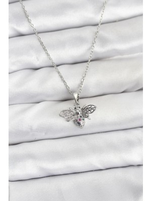 DS LLC 316L Çelik Zincir Gümüş Renk Sinek Model Zirkon Taşlı Kadın Kolye - TJ-BKO10874 Iegtgrs-34