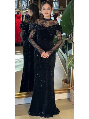Abiyeniall Siyah Uzun Kollu Dantel Detaylı Düz Kesim Likralı Pul Payet Uzun Abiye Elbise 11199-01
