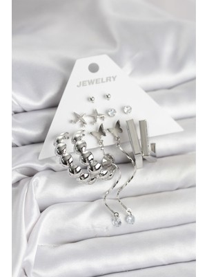 Nuveden Gümüş Renk Pirinç 6'lı Kadın Küpe Seti - TJ-BKP11330 DIE-RSTG34