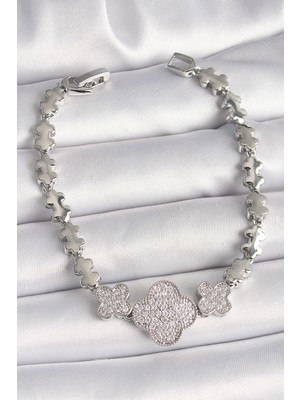 İlk El Grup Pirinç Gümüş Renk Zirkon Taşlı Yonca Model Zincir Model Kadın Bileklik - TJ-BB6823 Iegtgrs-34