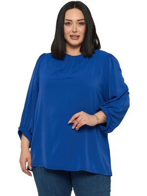 Disentis Modest Büyük Beden Yuvarlak Yaka Truvakar Büzgülü Kollu Rahat Kesim Saks Mavisi Bluz