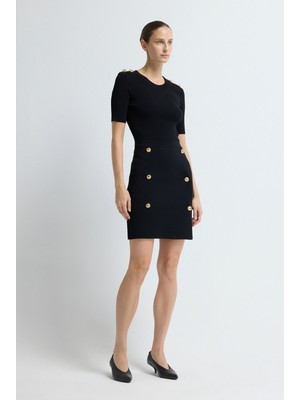 Adl Düğme Detaylı Triko Elbise Siyah 12445598000