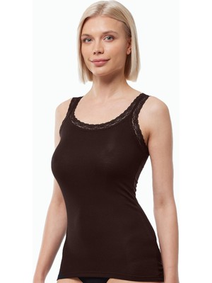 Malabadi Kadın Kahve Kalın Askılı Dantelli Micro Modal Fitilli Kaşkorse Atlet 1018