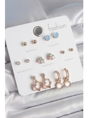 Nuveden Pirinç Gold Renk Zirkon Taşlı Sallantı Halka Figür Kalp Detay 7 Çift Kadın Küpe - TJ-BKP1053