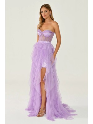 ALFABETA Kadın Straplez Yırtmaçlı Desenli Tül Uzun Lila Abiye & Mezuniyet Elbisesi AB5576-LİLA