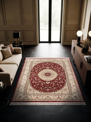 Cotto Home Fesane FN001J Bordo Pamuk Taban Klasik Çerçeve Desenli Göbekli Salon Oturma Odası Halısı