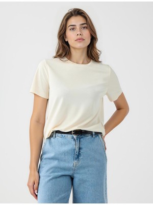 Jimmy Key Ekru Bisiklet Yaka Kısa Kollu Örme Modal Tişört