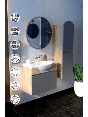 Makbulce Erciyes 65CM Seramik Lavabolu Mdf Oval Aynalı Banyo Dolabı