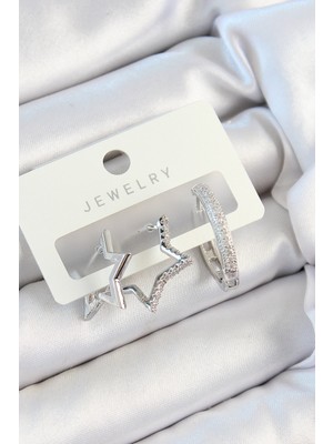 İlk El Grup Pirinç Zirkon Taşlı Yıldız ve Halka Model Gümüş Renk 3'lü Çift Kadın Küpe Set - TJ-BKP10