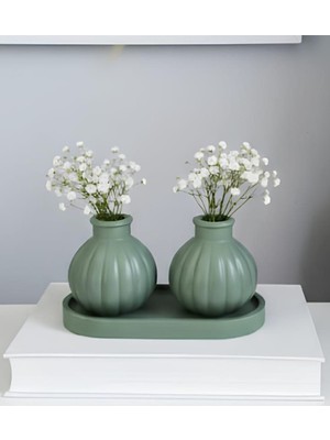 E.M.S Vazo Seti Pampas Tombul Vazo 2 Adet & Dekoratif Tabak Biblo Seti 3 Parça Mint Yeşili.