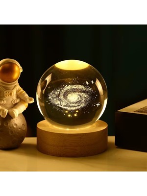PremiumPort Samanyolu Cam Küre Gece Lambası, Usb, Ahşap Altık, Ev ve Ofis Dekoru
