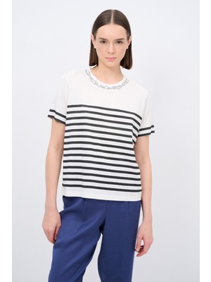 Love My Body Yakası Taş Detaylı Çizgili Tişört Kemik 175L9556000