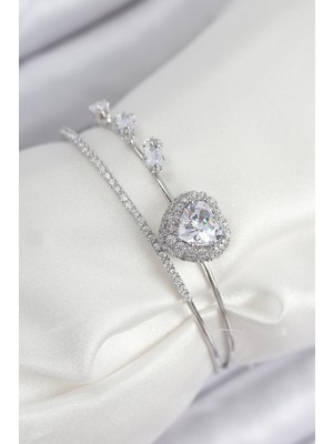 İlk El Grup Pirinç Zirkon Taşlı Kalp Model Gümüş Renk Kadın Bileklik - TJ-BB7856 Iegtgrs-34