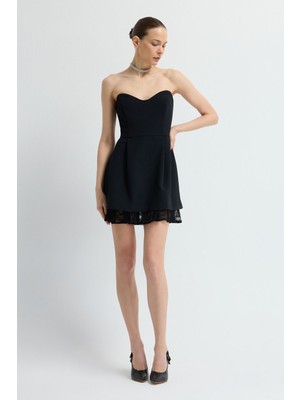 Adl Etek Ucu Dantelli Mini Elbise Siyah 12444015001