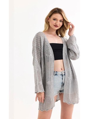 Yuga Knitting Kadın Delikli Ajurlu Uzun Yazlık Mevsimlik Hırka