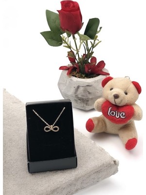 Masalsı Concept Sonsuz Aşk Seti | Kırmızı Gül, Kalpli Ayıcık ve Sonsuzluk Kolye Sevgiliye Hediye