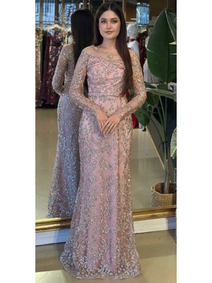 Abiyeniall Pudra Renk Yuvarlak Yaka Uzun Kollu Düz Kesim  Simli Uzun Abiye Elbise 11030-01